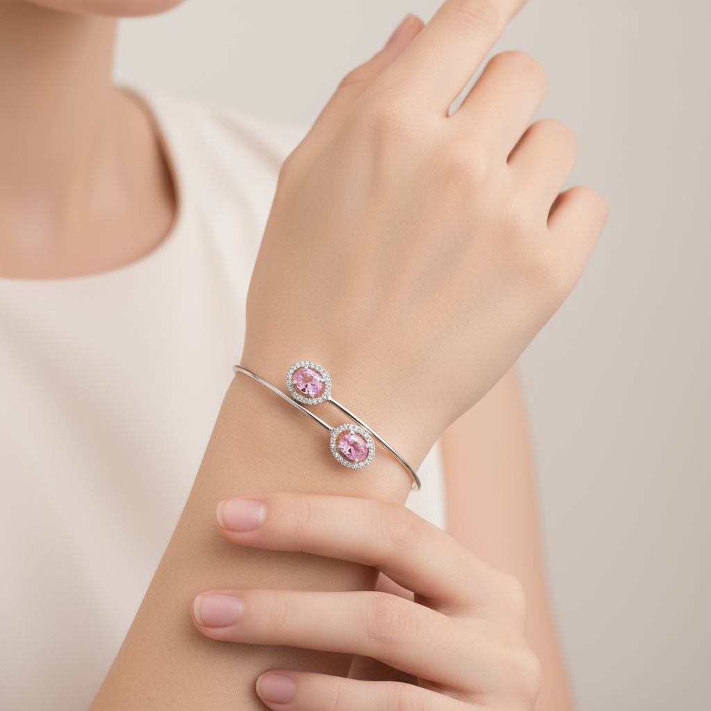 Bratara Argint Reglabila cu Piatra Roz Oval